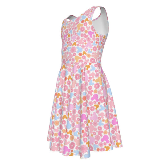 Retro Floral Mouse - Kid's Sleeveless Skater Dress