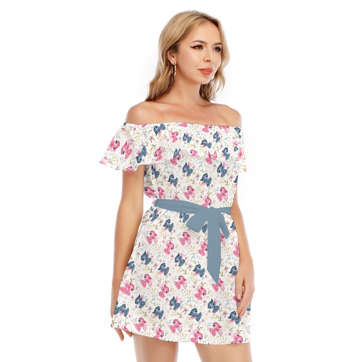 Blue Alien & Pink Friend Love - Women's Off-shoulder Ruffle Dress
