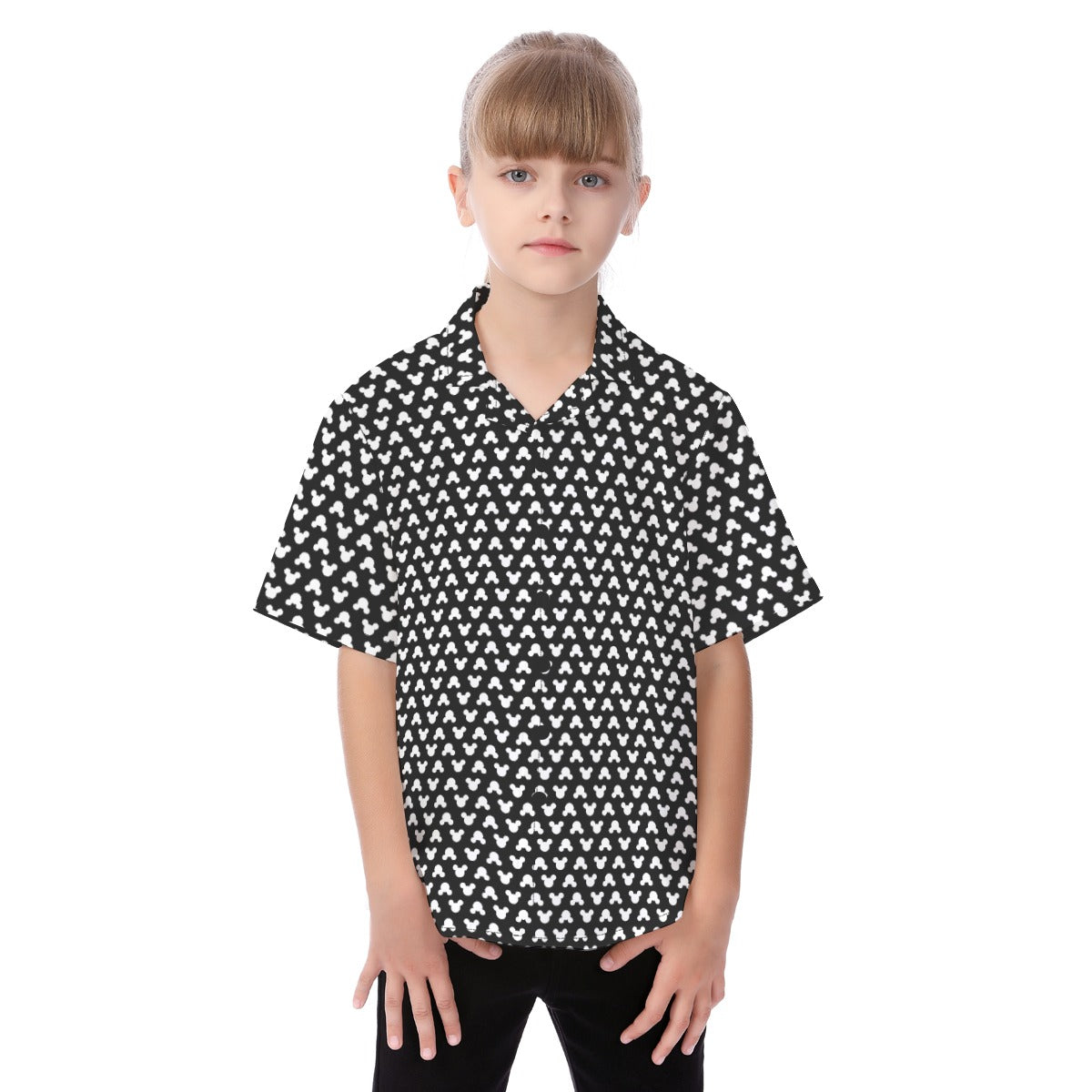 Playful Polka Dot Ears Black - Kid's Hawaiian Button Up Shirt