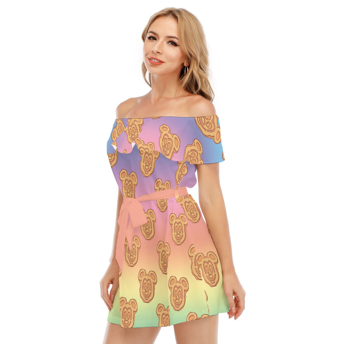 Rainbow Mouse Waffles - Women's Off-shoulder Ruffle Dress