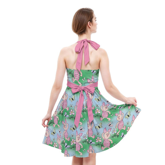 Sketched Shy Friend and Butterflies - Women's Halter Vintage Pocket Dress