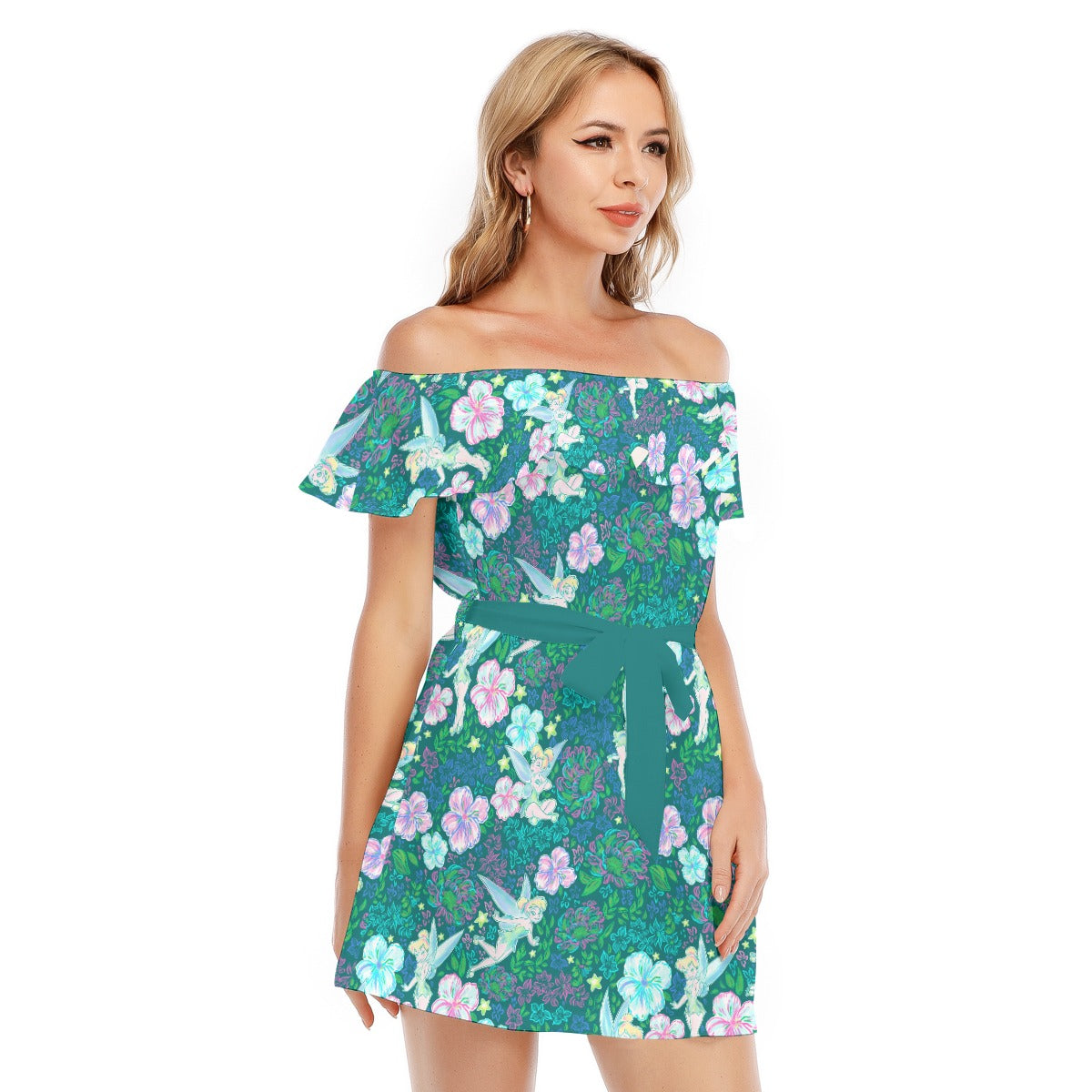 Pixie in Neon Blooms - Women's Off-shoulder Ruffle Dress