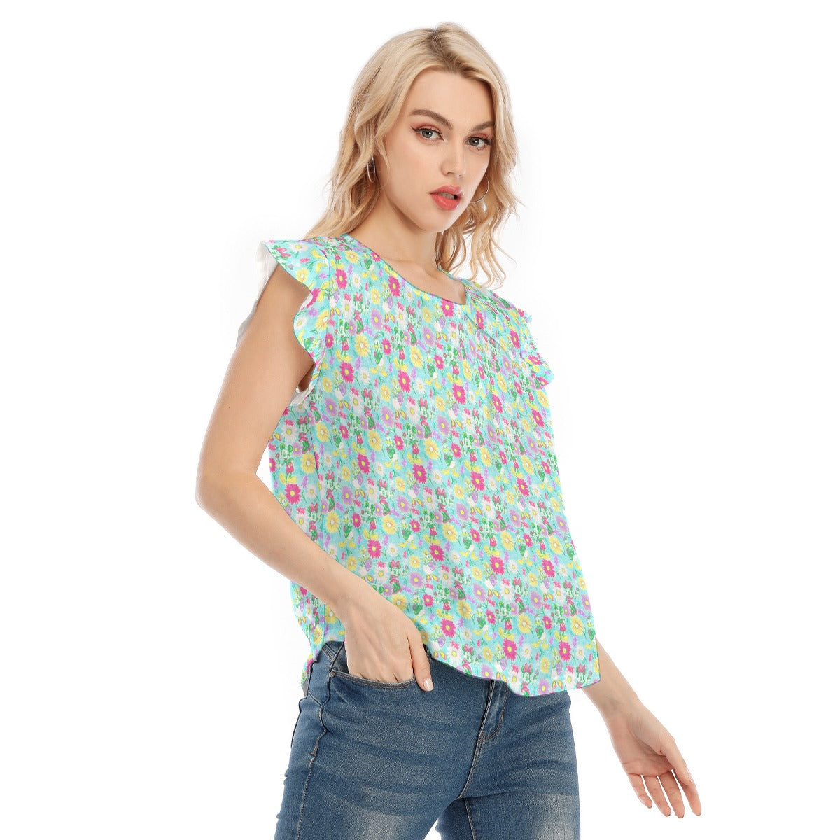 Neon Spring Floral Friends - Women’s Flutter Sleeve Top
