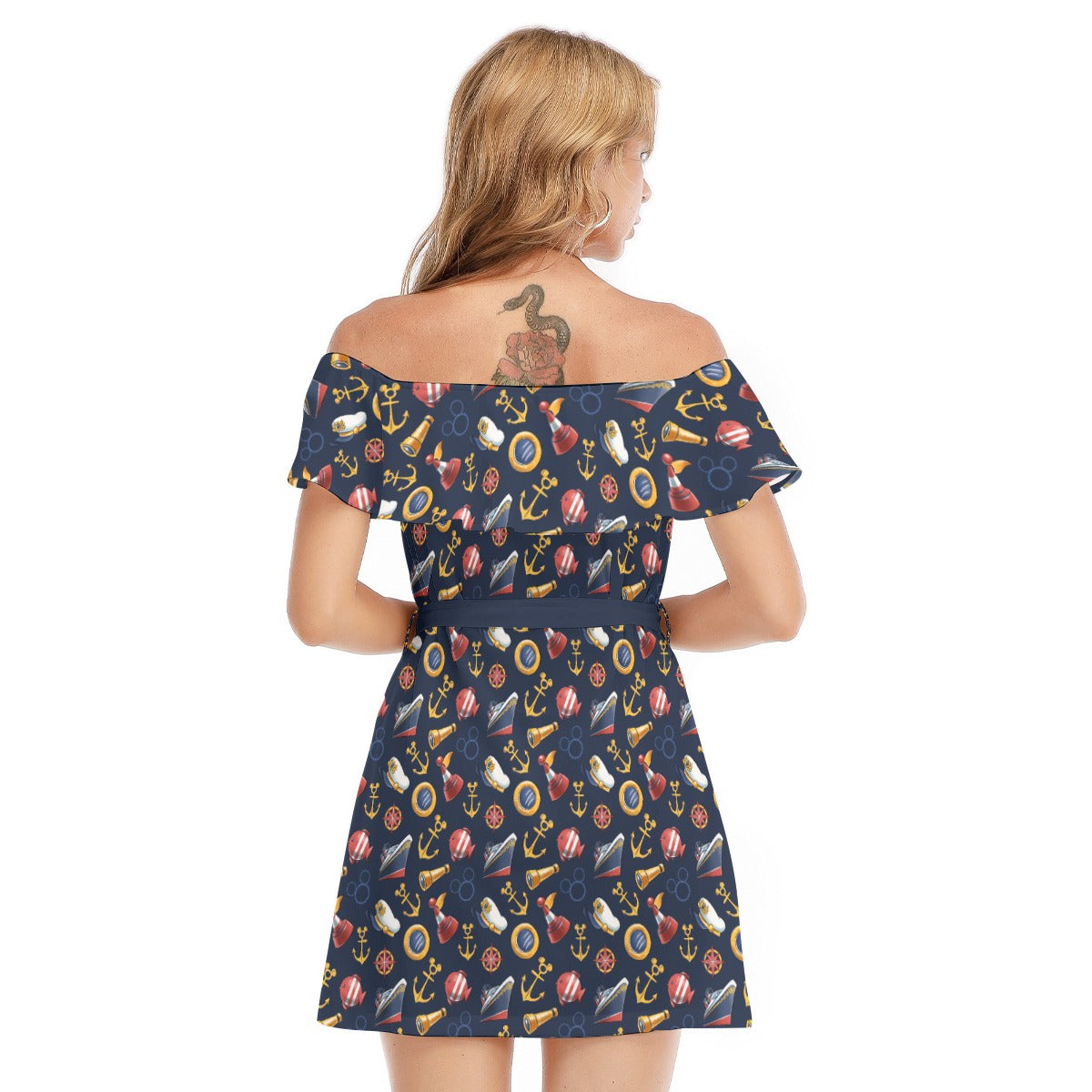 Mouse Ear Nautical Icons - Women's Off-shoulder Ruffle Dress