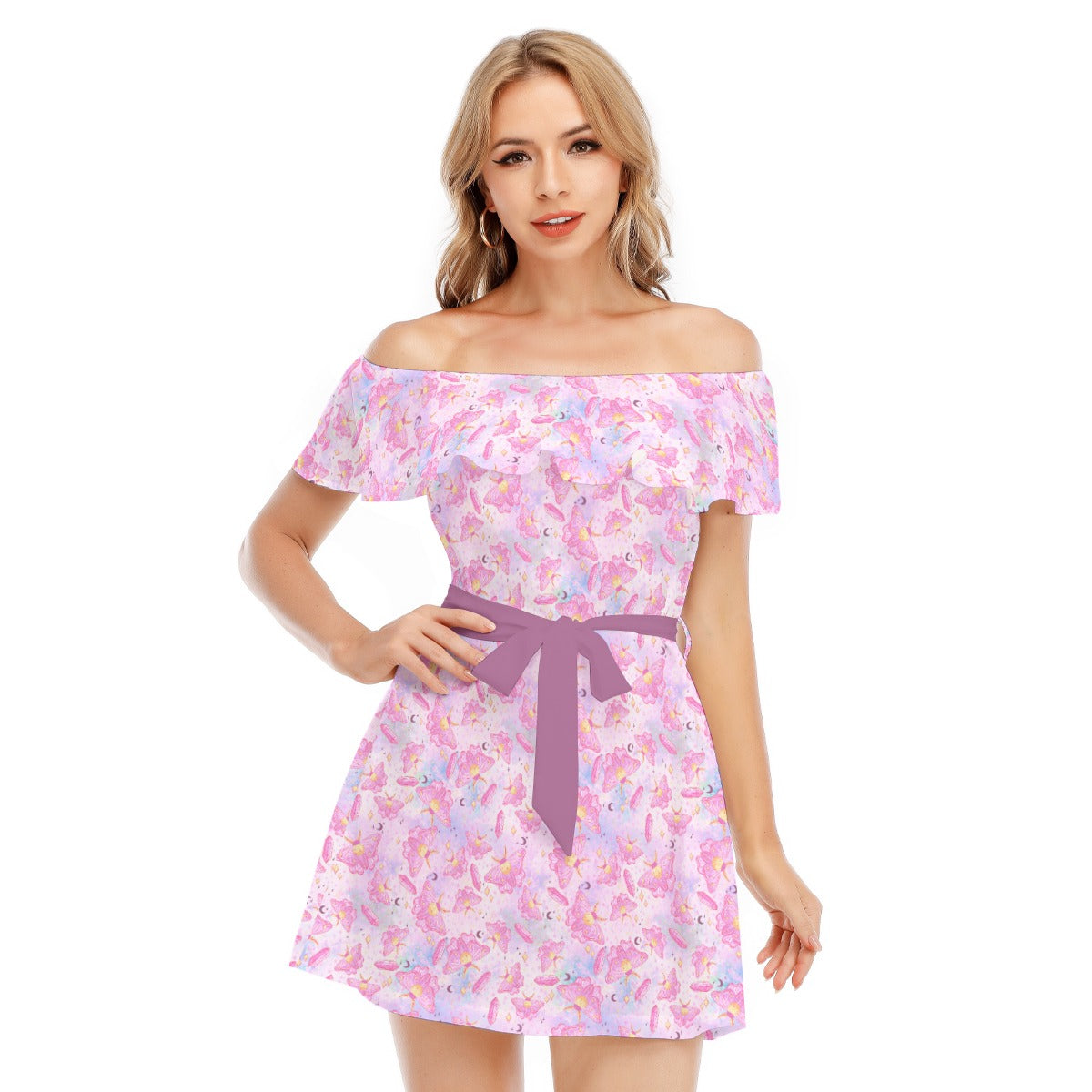 Pink Crystal Lunar Moths - Women's Off-shoulder Ruffle Dress