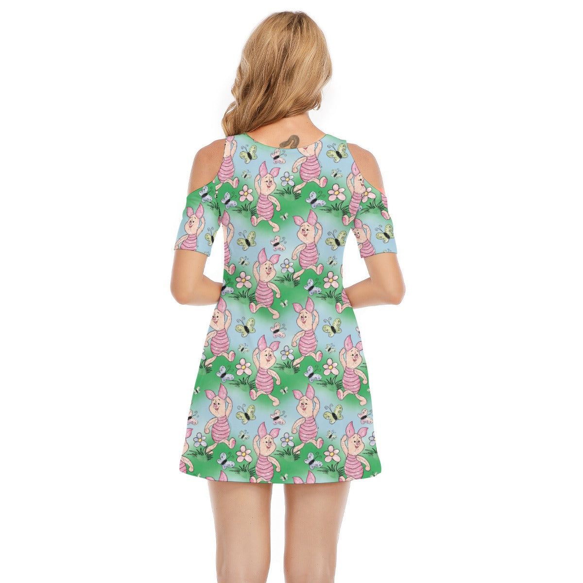 Sketched Shy Friend and Butterflies - Women's Cold Shoulder Cotton Dress