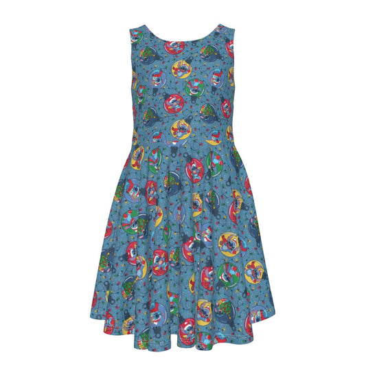 Holiday Baubles with Mischievous Blue Alien - Kid's Sleeveless Skater Dress