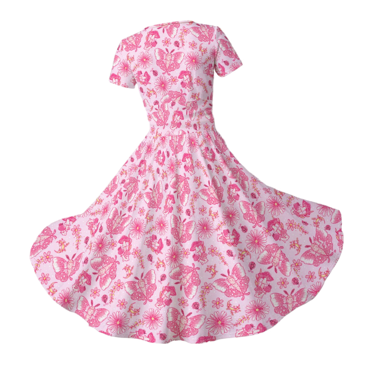 Pink Mushroom Moths - Women's V-Neck Ruched Midi Dress
