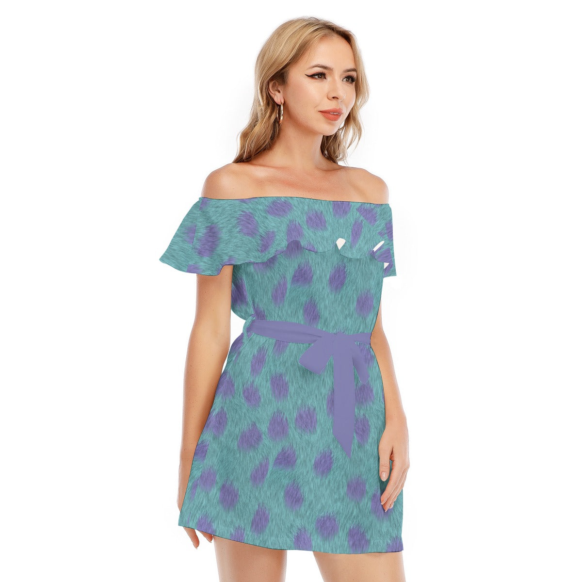 Turquoise Monster Spots - Women's Off-shoulder Ruffle Dress