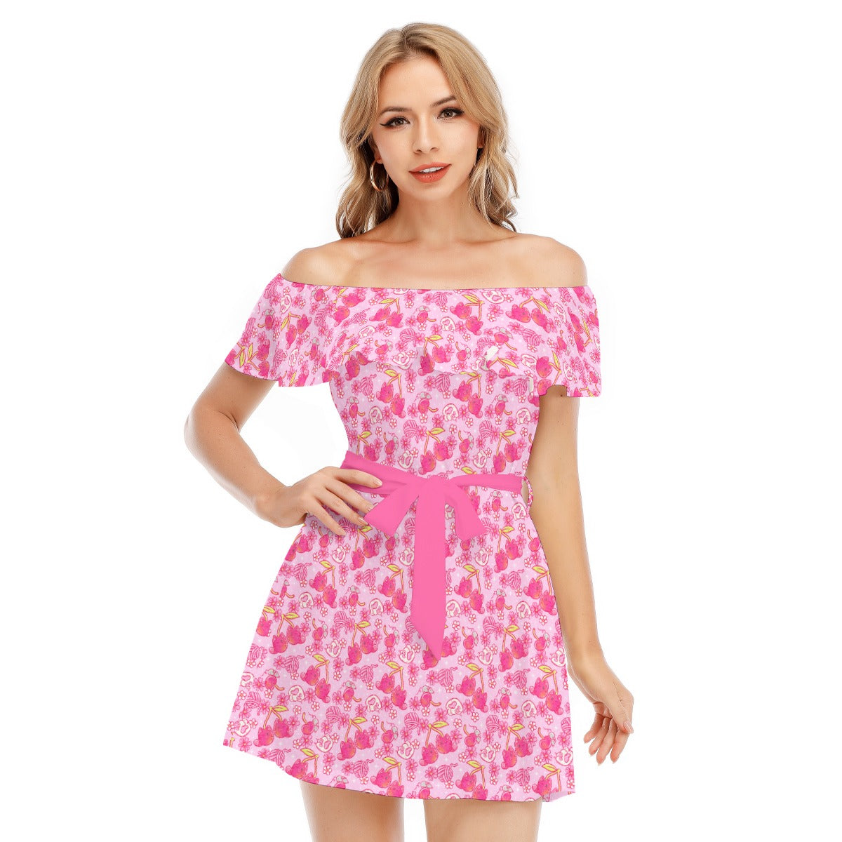 Fruitimals - Cherry Kittens - Women's Off-shoulder Ruffle Dress
