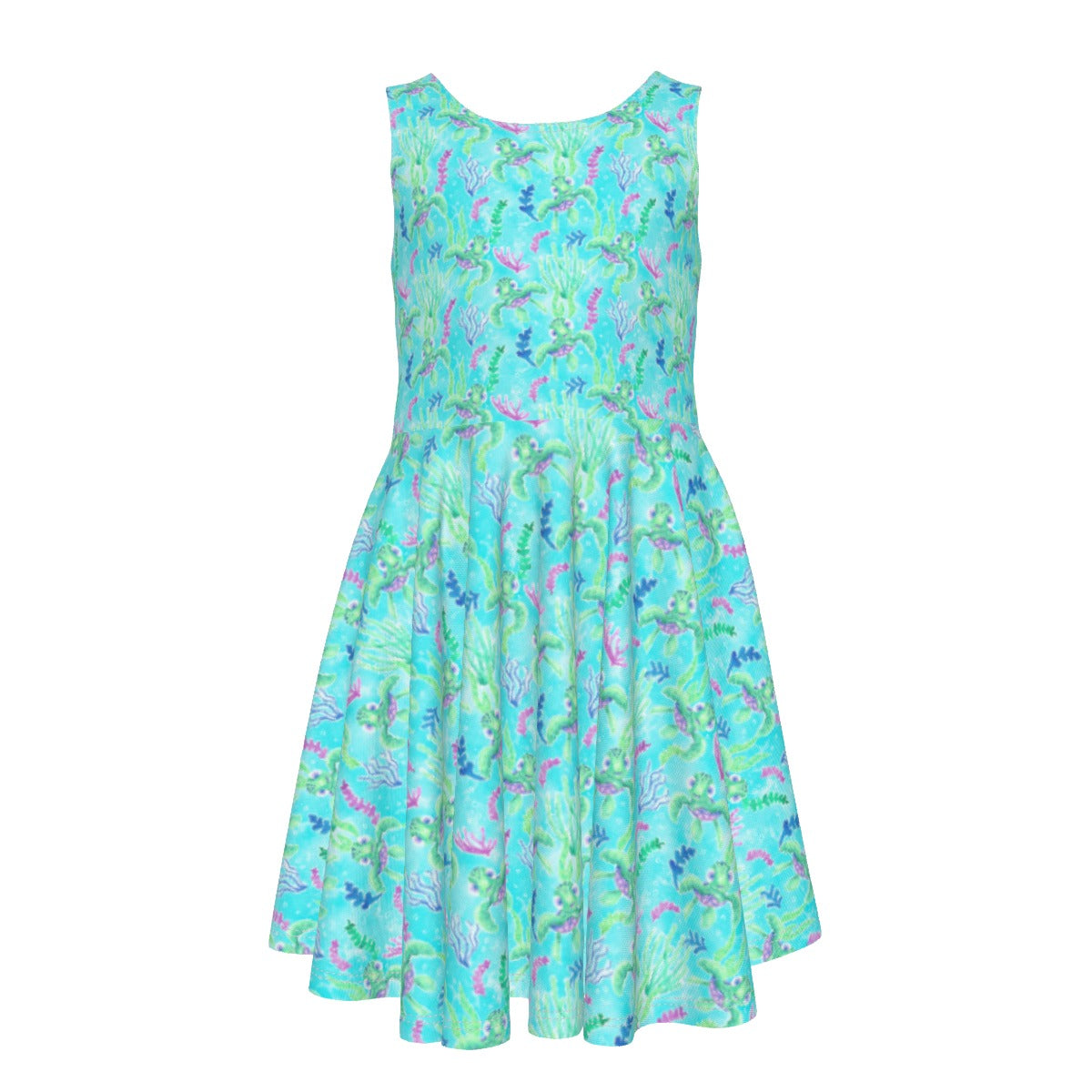 Neon Floral Baby Turtle - Kid's Sleeveless Skater Dress
