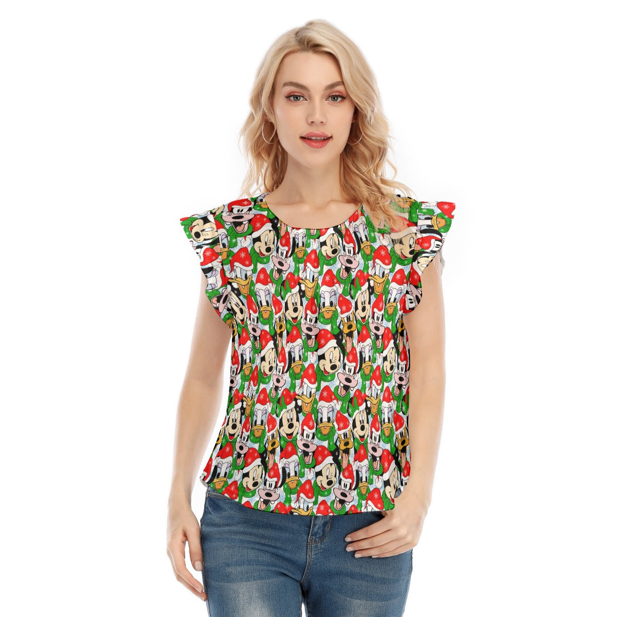 Mouse Friends in Santa Hats - Women’s Flutter Sleeve Top