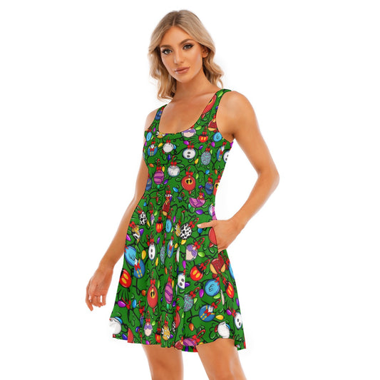 Festive Character Baubles on Green - Women's Sleeveless Pocket Skater Dress
