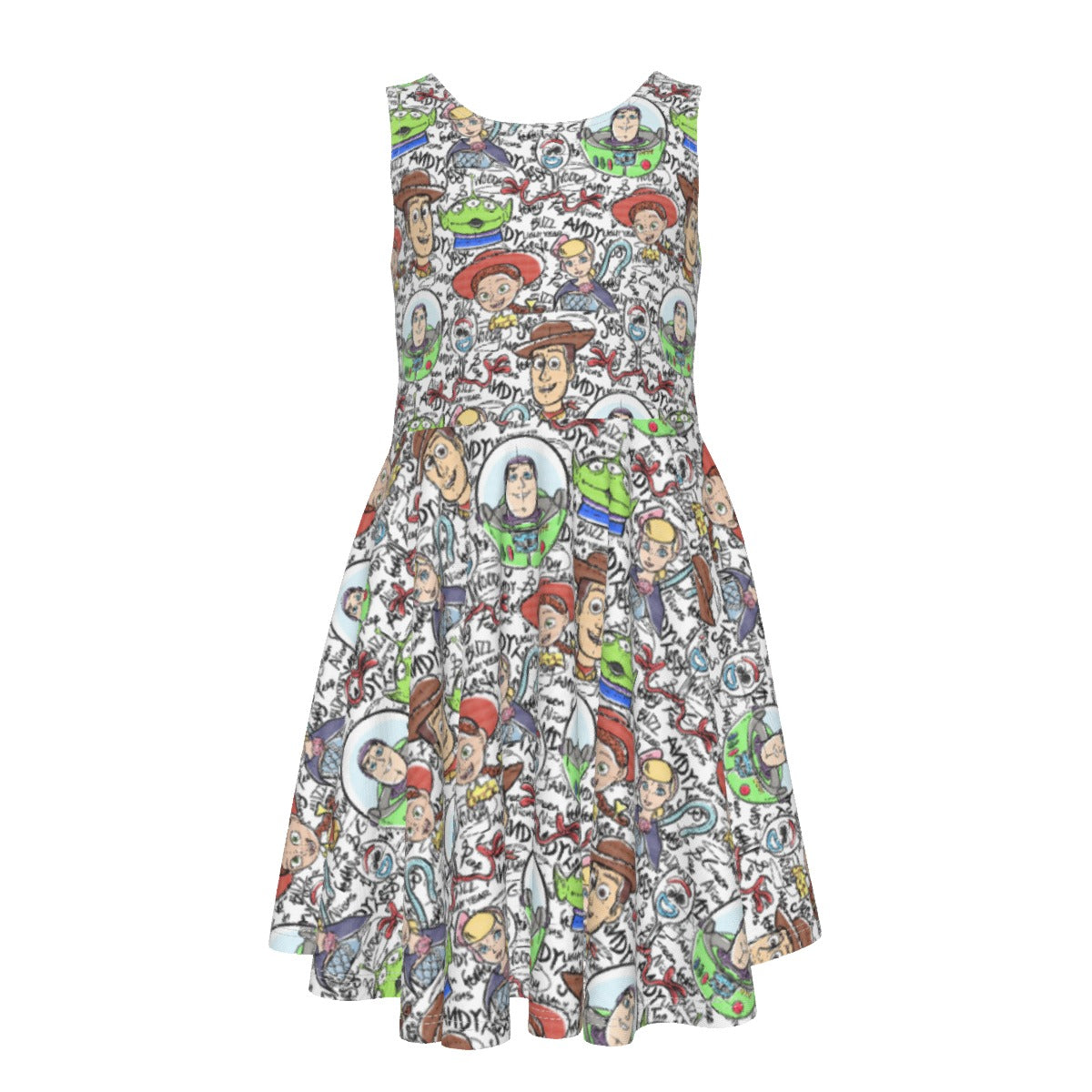 Sketch Autographs of Animated Toy Friends - Kid's Sleeveless Skater Dress