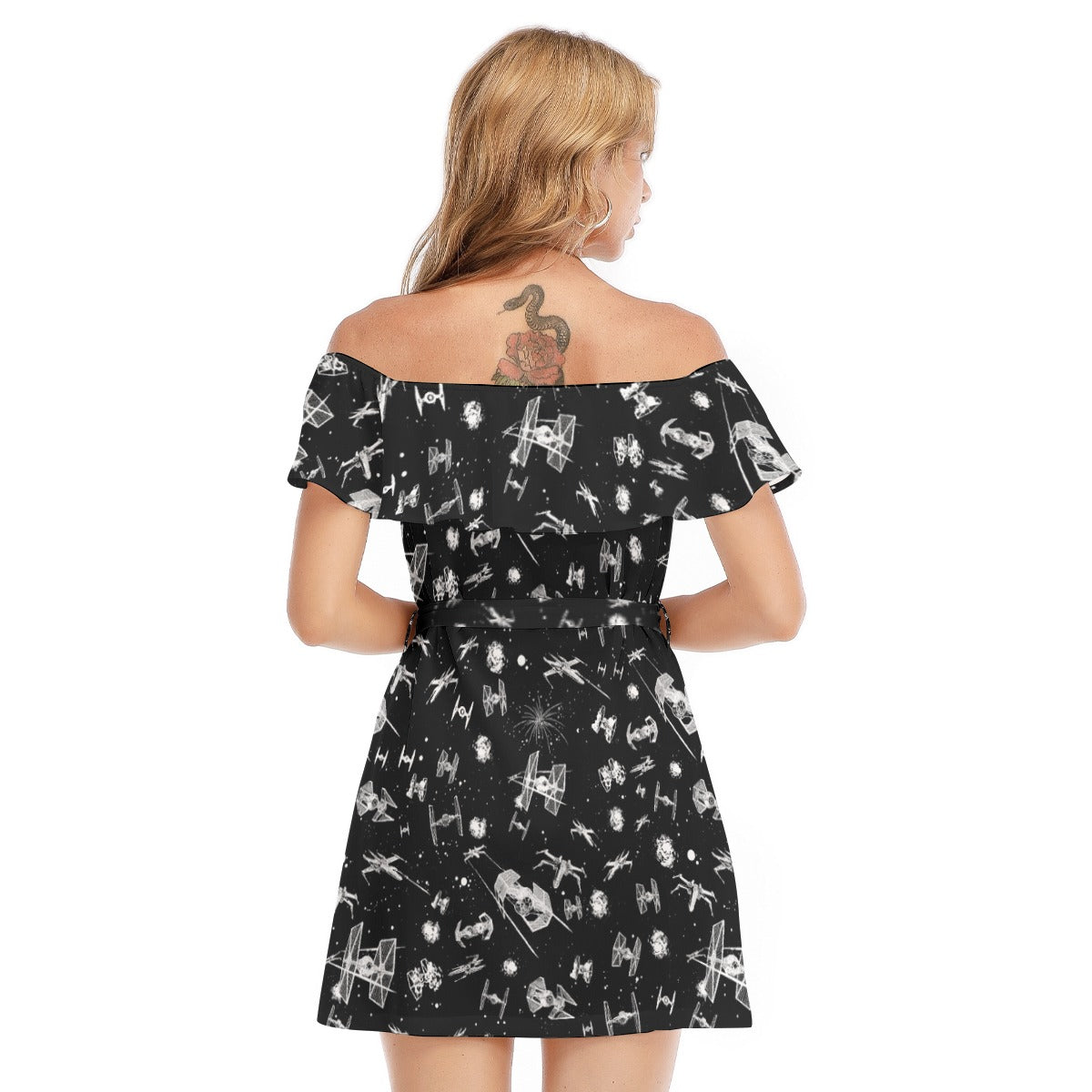 Epic Space Battle Ships - Women's Off-shoulder Ruffle Dress