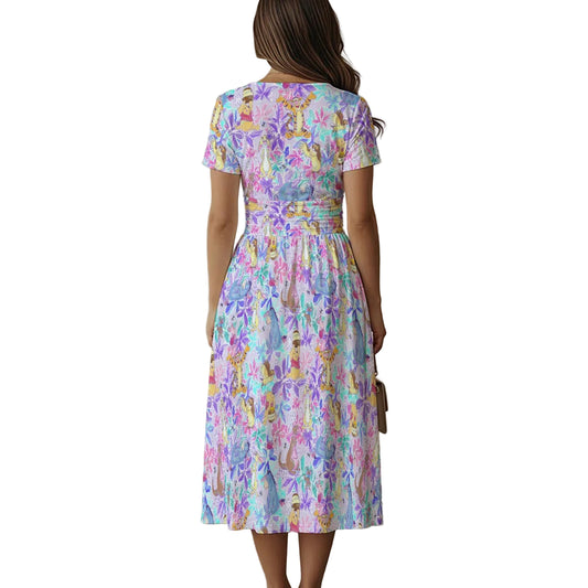Storybook Friends in Bloom - Women's V-Neck Ruched Midi Dress