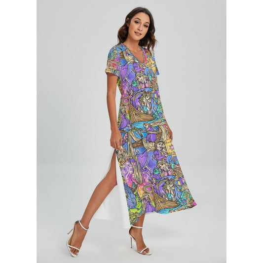 Golden Hair Storybook Scenes - Women's V-Neck Side Split Maxi Dress