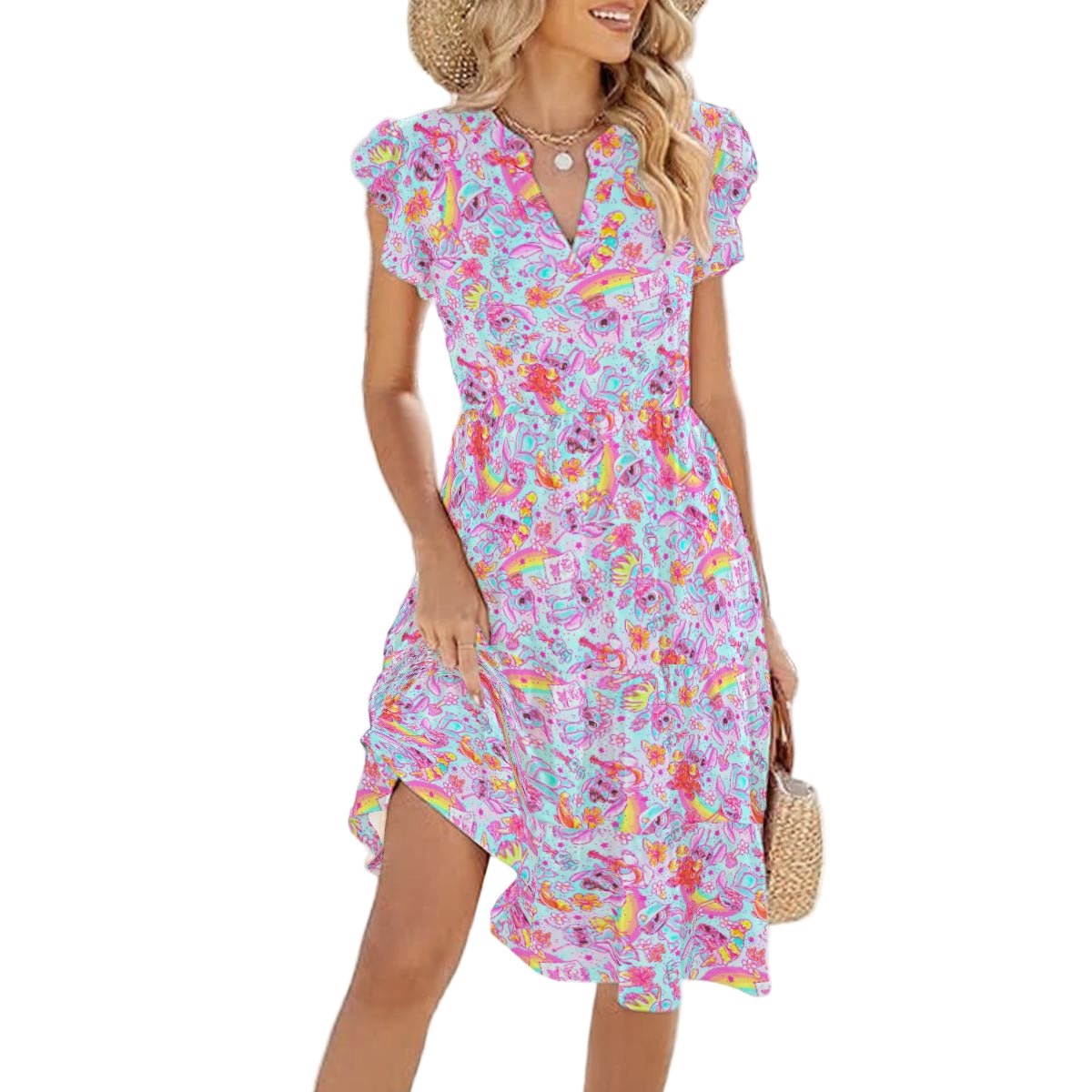 Neon Rainbow Mischief - Women's Tiered Pocket Midi Dress