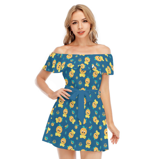 Cheerful Citrus Bird - Women's Off-shoulder Ruffle Dress