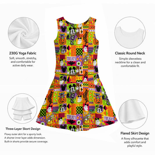 Spooky Patchwork Treats - Women’s Athletic Skort Set with Open-Back Crop Top