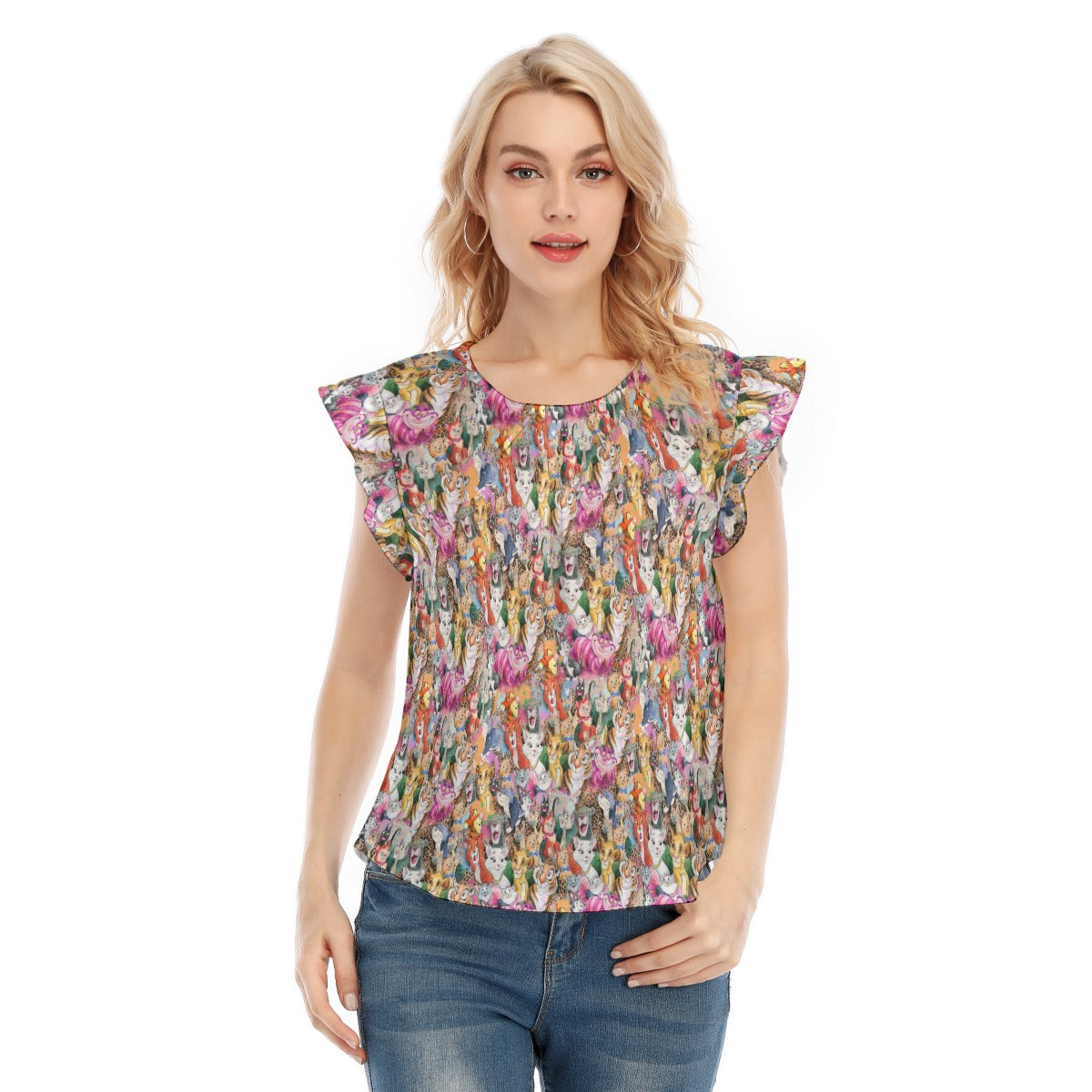 Whimsical Storybook Cats - Women’s Flutter Sleeve Top
