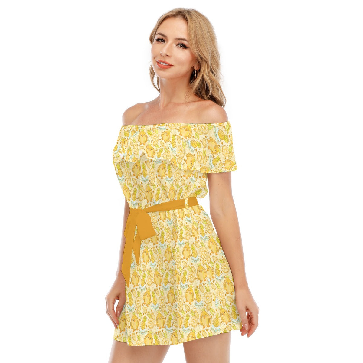 Fruitimals - Pineapple Penguins - Women's Off-shoulder Ruffle Dress