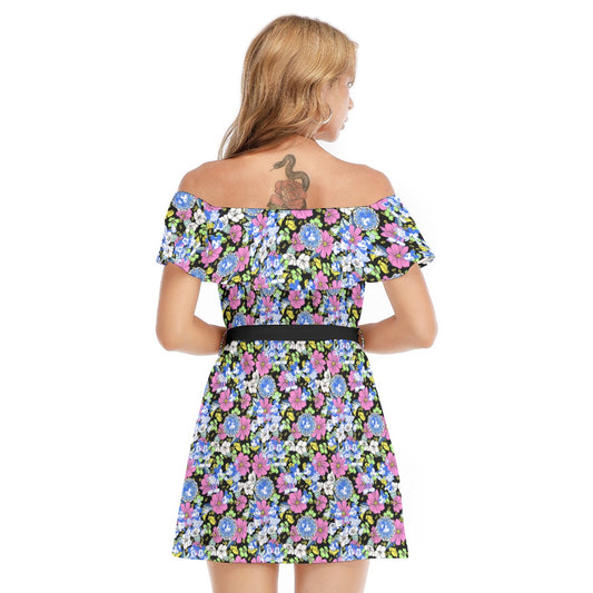 Garden Whimsy - Vintage Mouse Romance - Women's Off-shoulder Ruffle Dress
