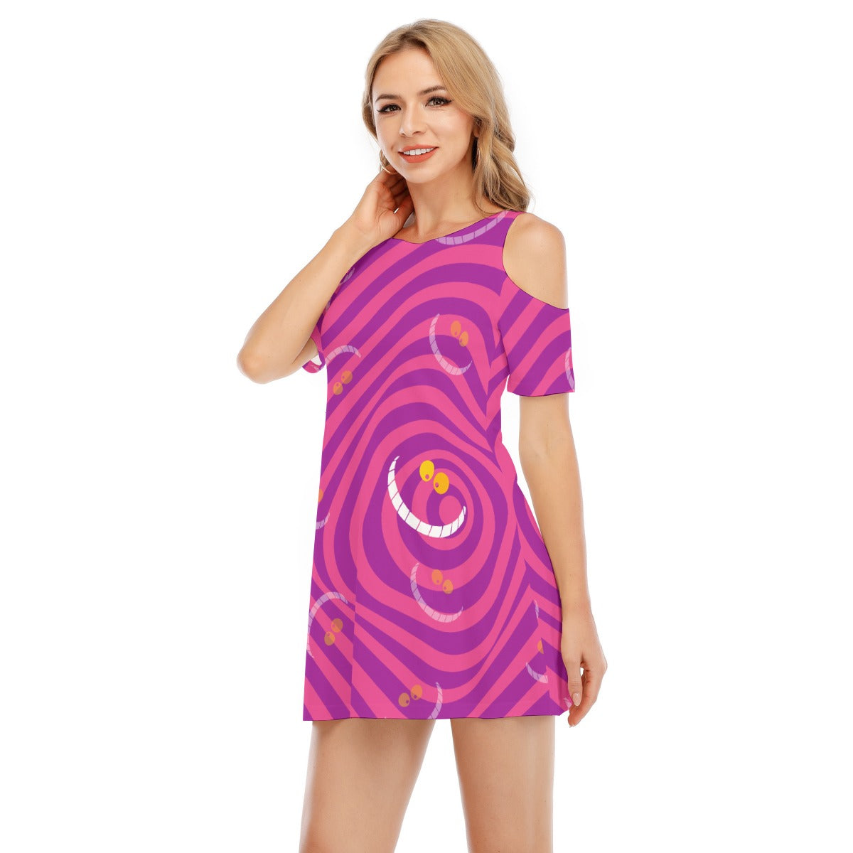Whimsical Grinning Stripes - Women's Cold Shoulder Cotton Dress