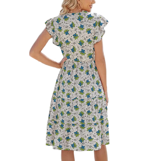 Playful Green Aliens on White - Women's Tiered Pocket Midi Dress