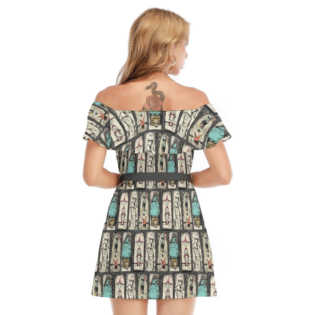 Stretching Haunted Nightmare - Women's Off-shoulder Ruffle Dress