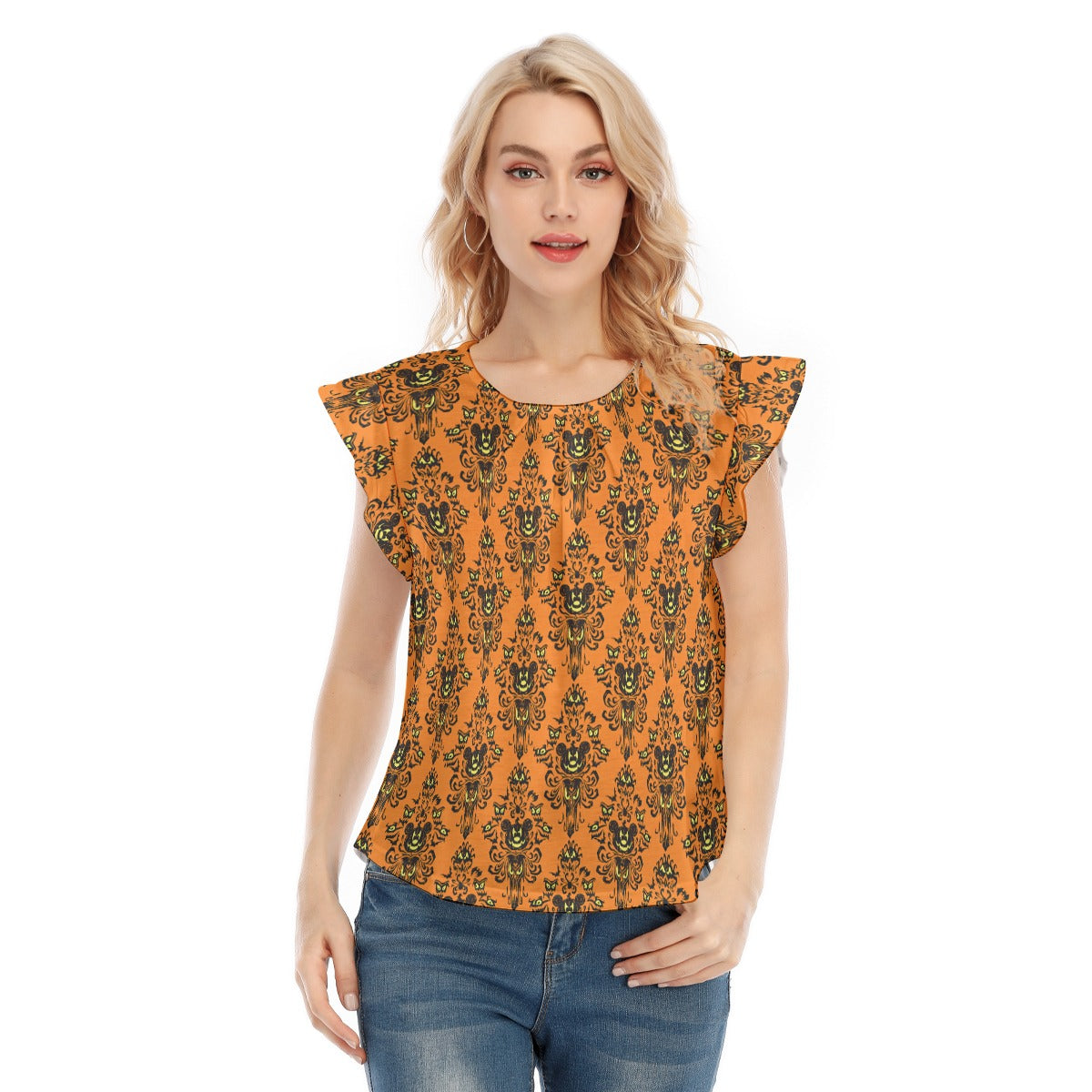 Haunted Halloween Mansion Wallpaper - Women’s Flutter Sleeve Top