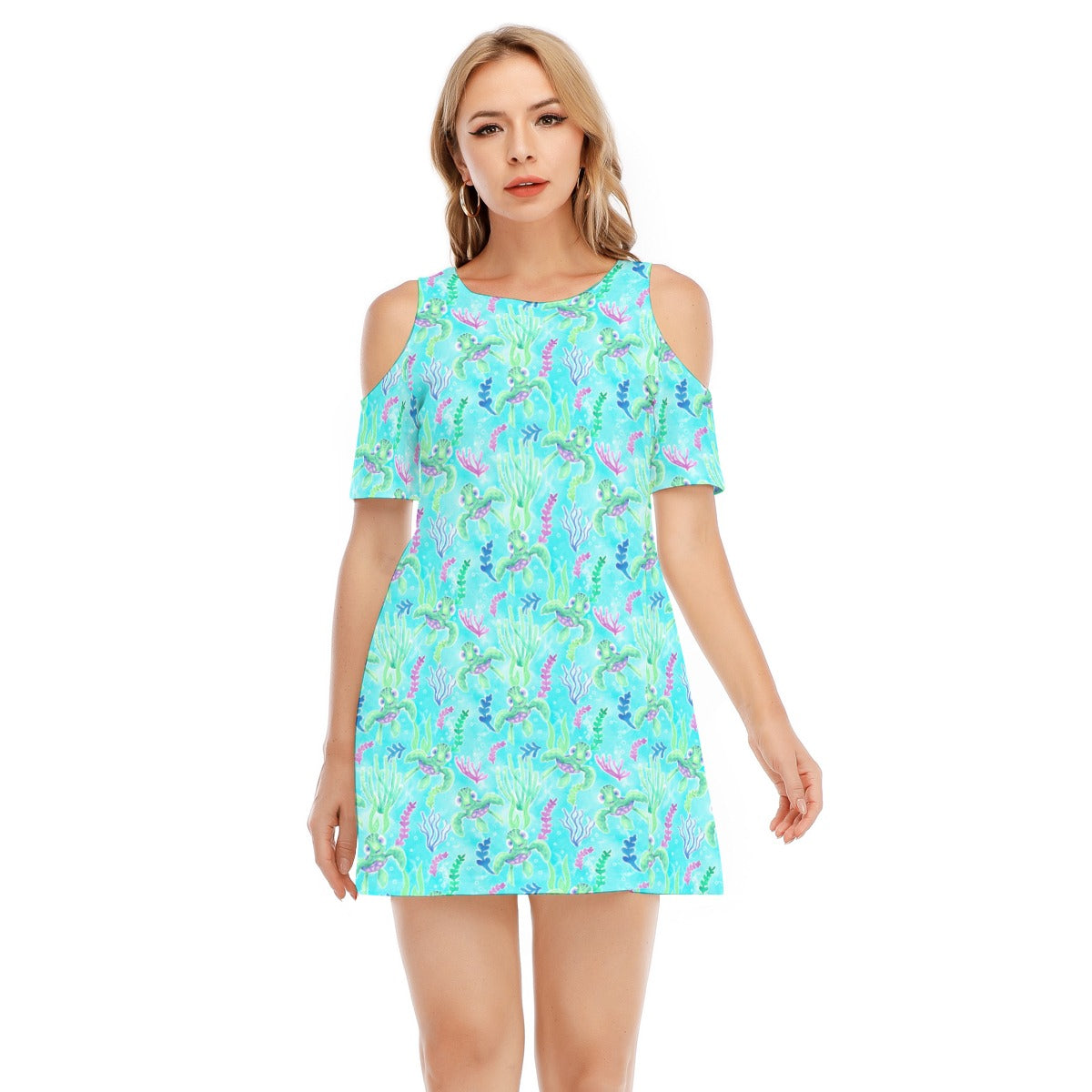 Neon Floral Baby Turtle - Women's Cold Shoulder Cotton Dress