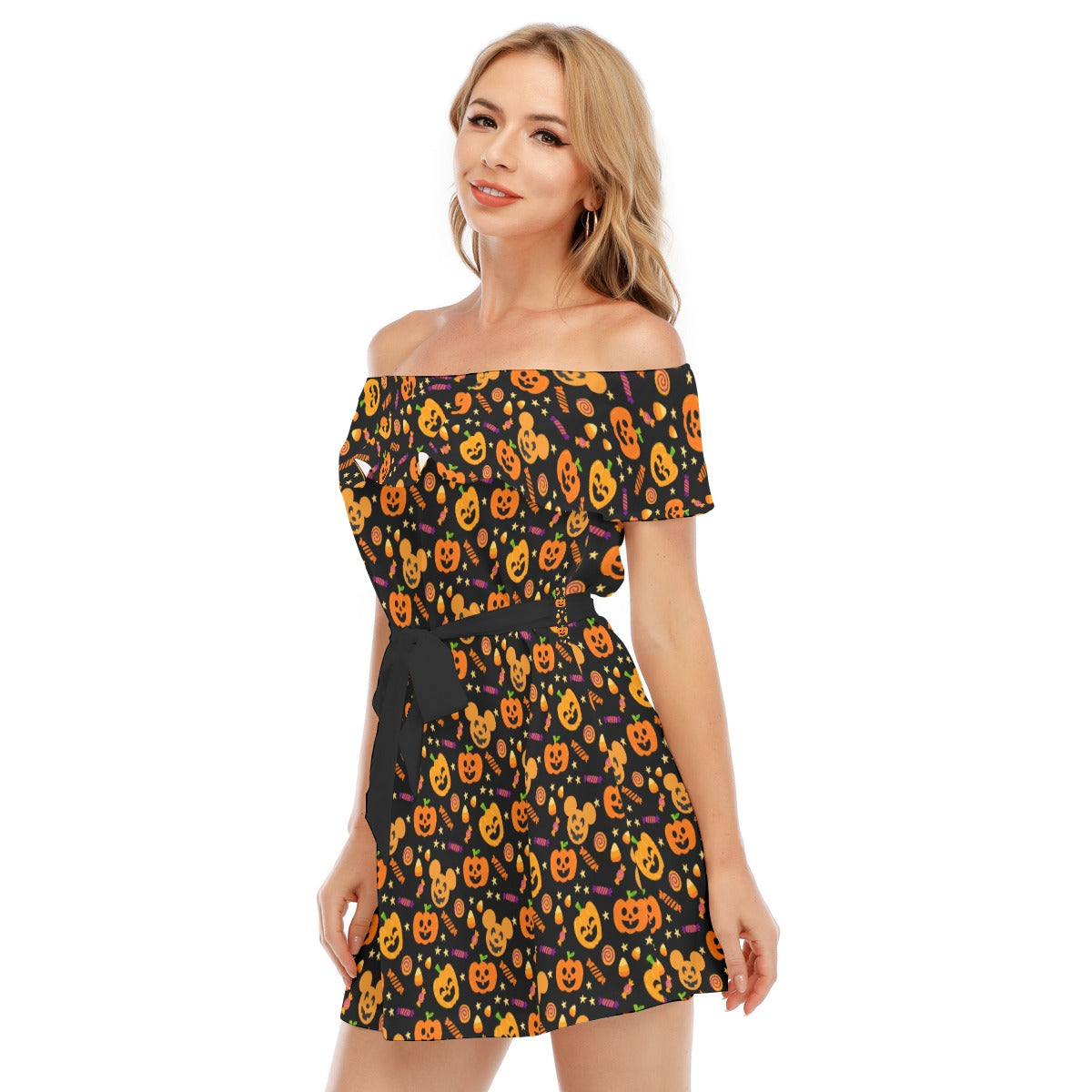 Cheerful Pumpkin Mouse Halloween - Women's Off-shoulder Ruffle Dress