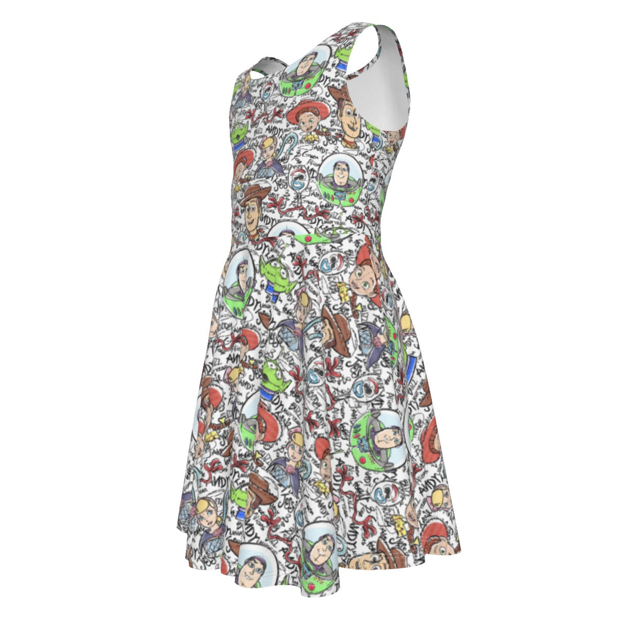 Sketch Autographs of Animated Toy Friends - Kid's Sleeveless Skater Dress