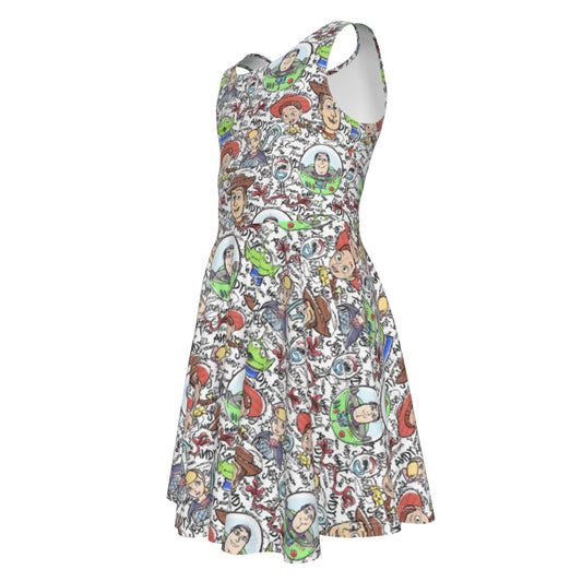Sketch Autographs of Animated Toy Friends - Kid's Sleeveless Skater Dress