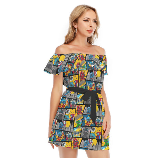 Superhero Stitch - Comic Action - Women's Off-shoulder Ruffle Dress