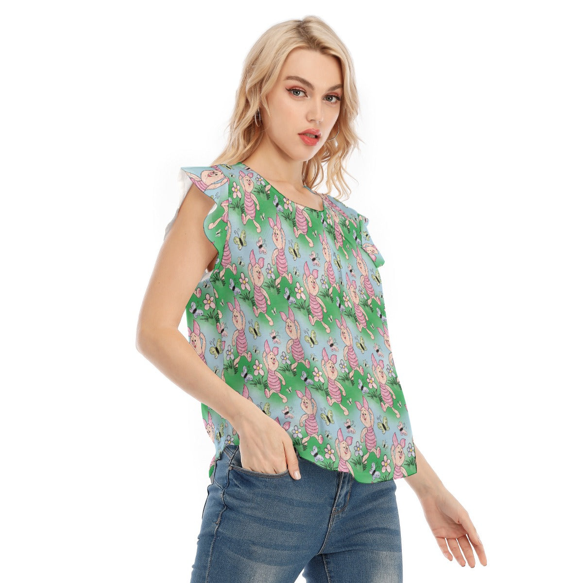 Sketched Shy Friend and Butterflies - Women’s Flutter Sleeve Top