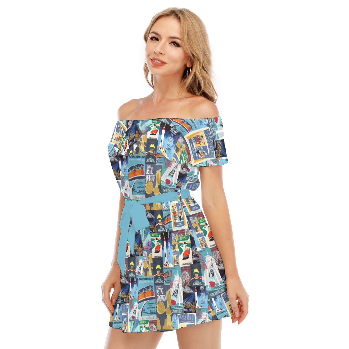 Vintage Tomorrow Ride Posters - Women's Off-shoulder Ruffle Dress