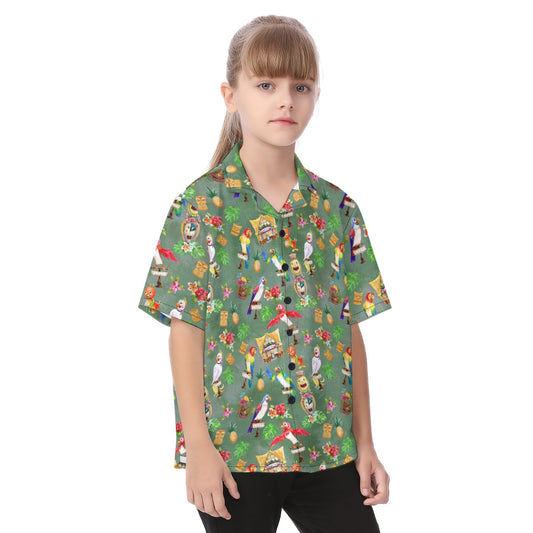 Orange Bird & Tiki Friends - Kid's Hawaiian Button Up Shirt
