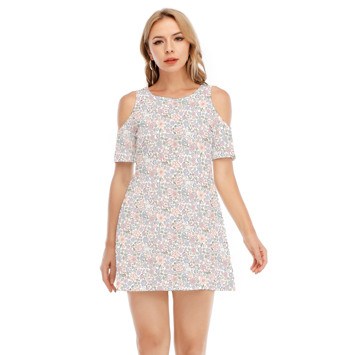 Springtime Kitten Garden Elegance - Women's Cold Shoulder Cotton Dress