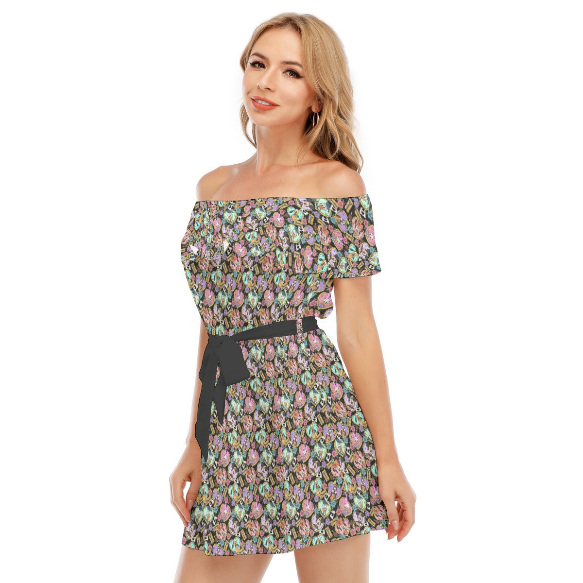Tattoo Hearts Classic Crew - Women's Off-shoulder Ruffle Dress