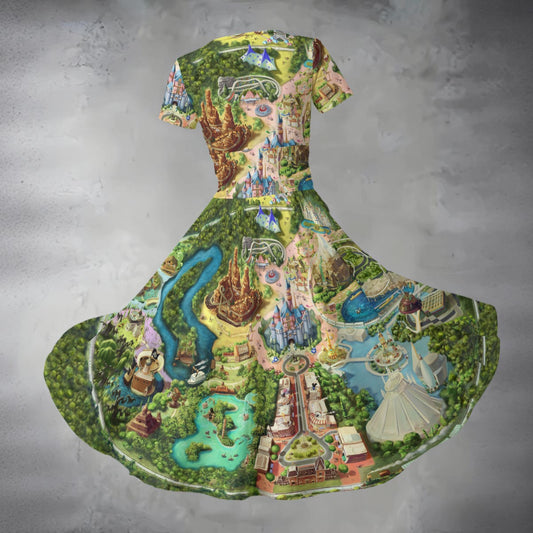 Colorful Theme Park Map - Women's V-Neck Ruched Midi Dress