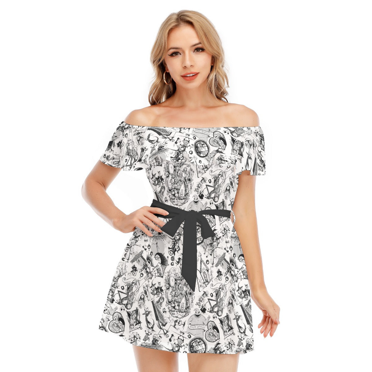 Nightmare Halloween Sketches - Women's Off-shoulder Ruffle Dress