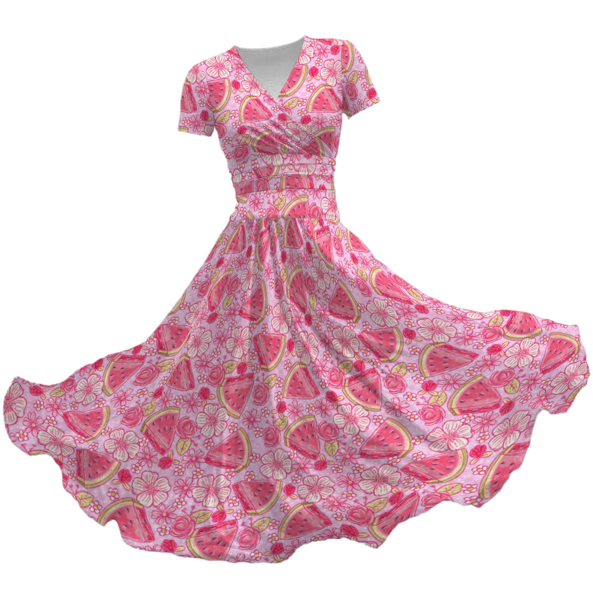 Summer Fruits - Watermelon - Women's V-Neck Ruched Midi Dress