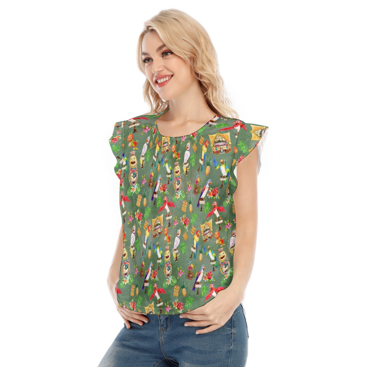 Orange Bird & Tiki Friends - Women’s Flutter Sleeve Top