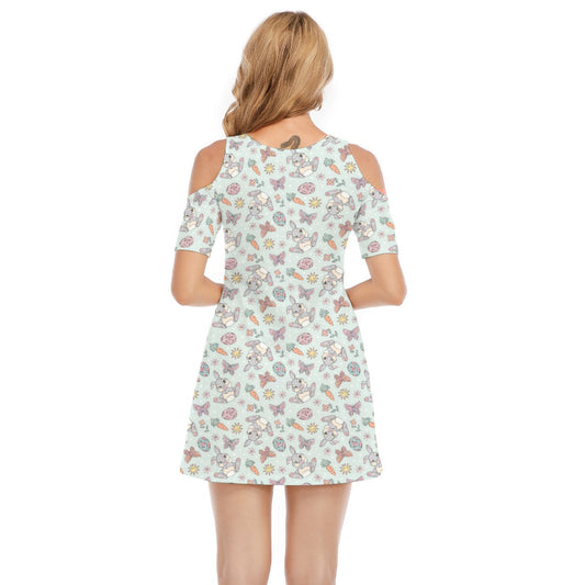 Springtime Bunny Cheer - Women's Cold Shoulder Cotton Dress