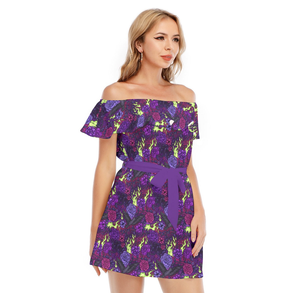Fairytale Florals - Dark Enchantress - Women's Off-shoulder Ruffle Dress