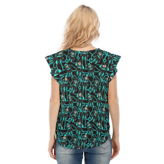 Electric Neon Grid Adventure - Women’s Flutter Sleeve Top