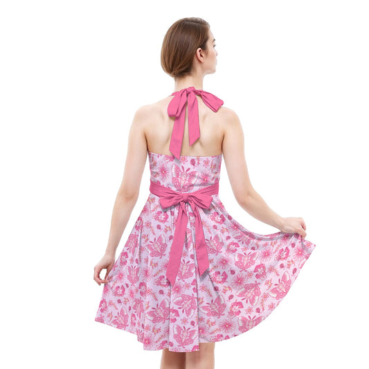 Pink Mushroom Moths - Women's Halter Vintage Pocket Dress