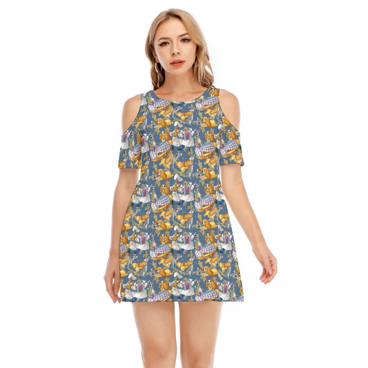 Puppy Love Sketchched - Women's Cold Shoulder Cotton Dress